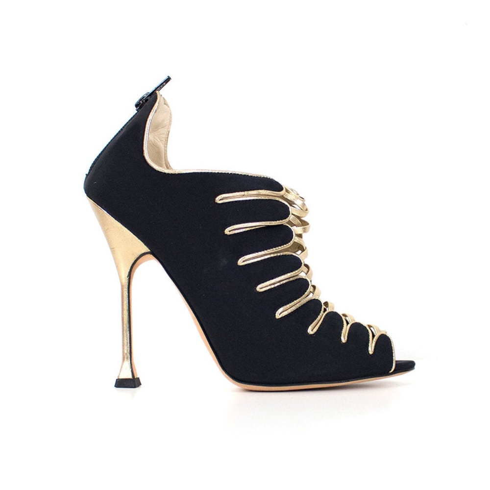Brian Atwood Naiya Black and Gold Silk Crepe Peep-Toe High-Heel Bootie Size EU42